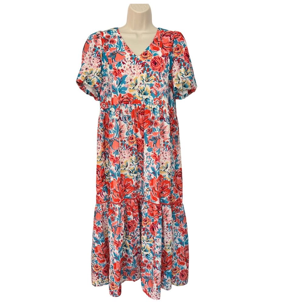 JADE MELODY TAM Beautiful Floral Maxi Dress Short Sleeve V-Neck Womens Medium XC